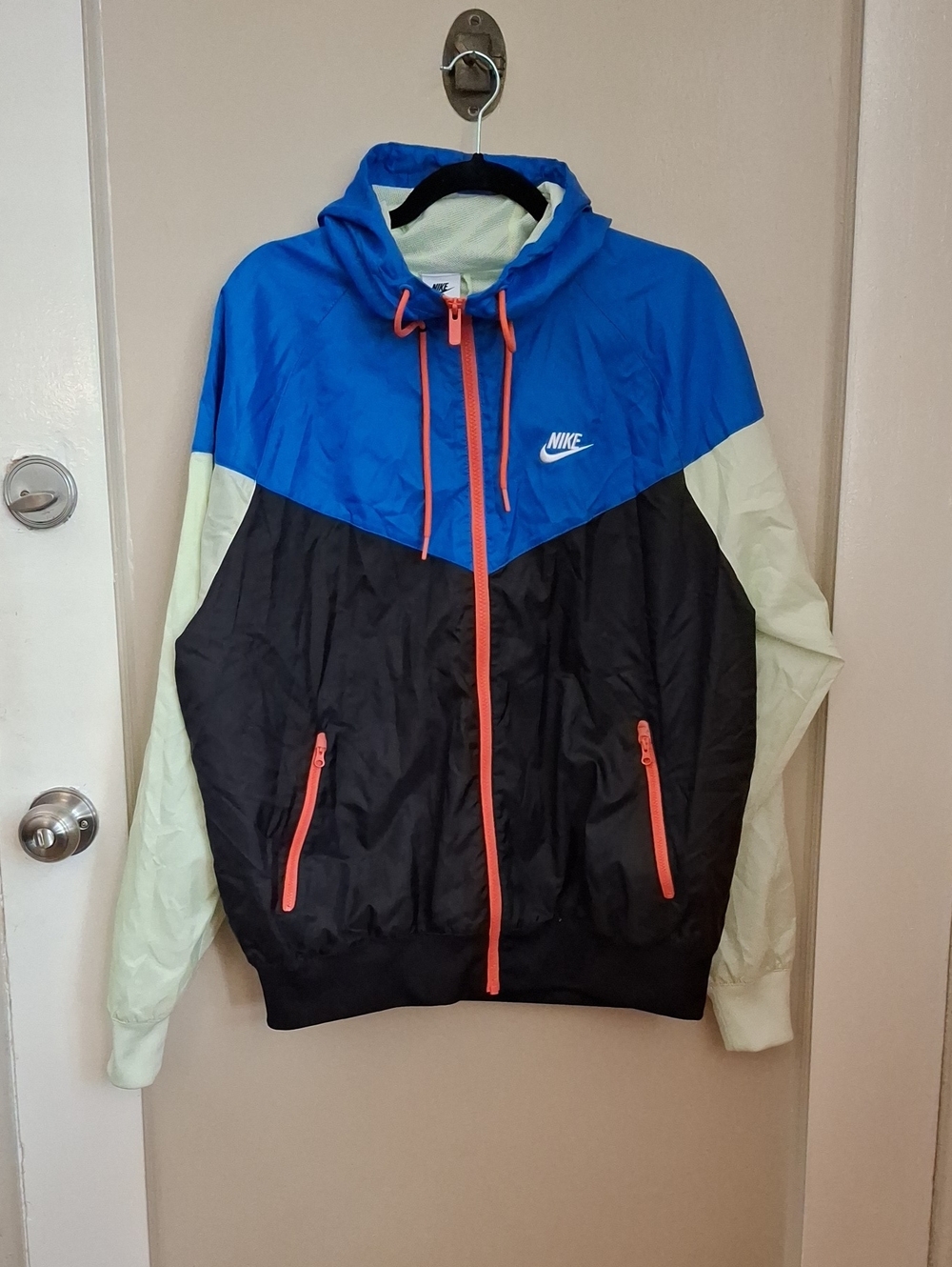 Nike Men’s Colorblock Windbreaker Jacket - Blue/Black/Cream with Coral Accents_1
